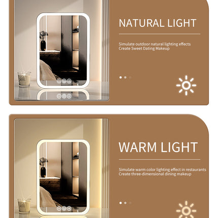 Pink Professional LED Vanity Mirror - 3 Color Lights, Stepless Dimming & Adjustable Rotating Stand, USB-C Rechargeable.