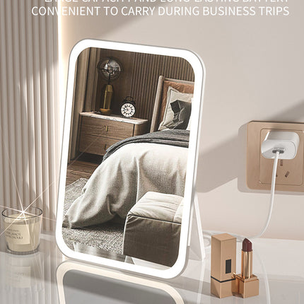 Pink Professional LED Vanity Mirror - 3 Color Lights, Stepless Dimming & Adjustable Rotating Stand, USB-C Rechargeable.