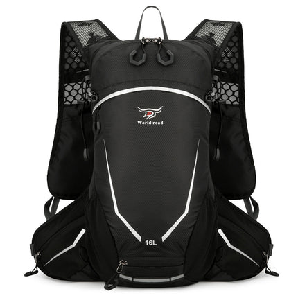 Black Lightweight 16L Outdoor Cycling & Hiking Backpack - Water-Repellent Nylon Daypack with Reflective Strips.