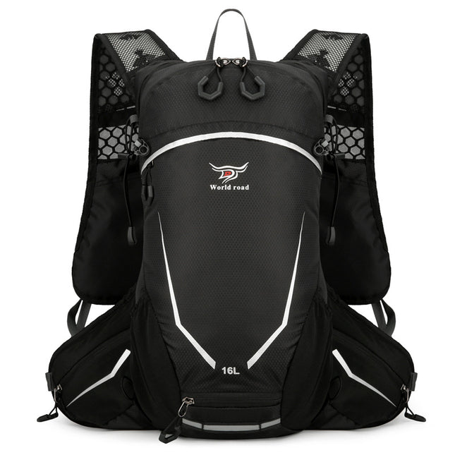 Black Lightweight 16L Outdoor Cycling & Hiking Backpack - Water-Repellent Nylon Daypack with Reflective Strips.