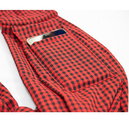 Black and Red Checkered Comfortable Pet Sling Carrier for Small Dogs & Cats - Breathable Cotton Checkered Bag, Hands-Free, Safety Features.