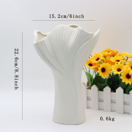 White Elegant Off-White Ceramic Vase - Modern Sculptural Flower Holder with Wide Fluted Opening.