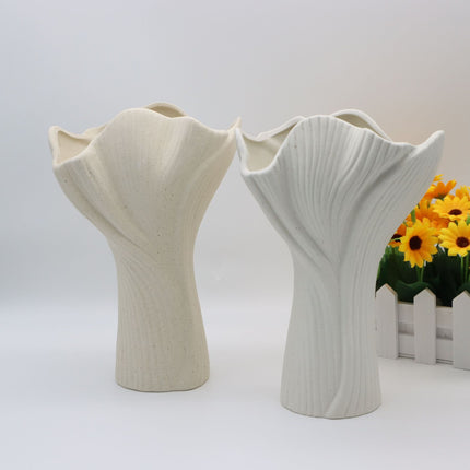 White Elegant Off-White Ceramic Vase - Modern Sculptural Flower Holder with Wide Fluted Opening.