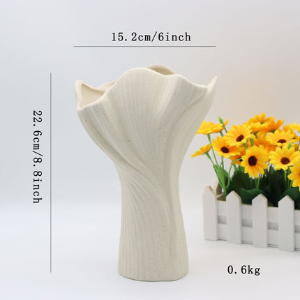 Beige Elegant Off-White Ceramic Vase - Modern Sculptural Flower Holder with Wide Fluted Opening.
