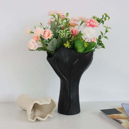 Beige Elegant Off-White Ceramic Vase - Modern Sculptural Flower Holder with Wide Fluted Opening.