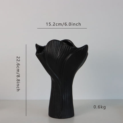 Black Elegant Off-White Ceramic Vase - Modern Sculptural Flower Holder with Wide Fluted Opening.