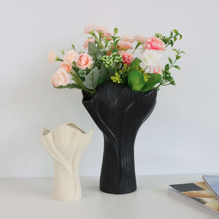 Black Elegant Off-White Ceramic Vase - Modern Sculptural Flower Holder with Wide Fluted Opening.