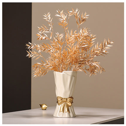 Green Elegant Ceramic Vase with Golden Bow Accent - Textured Relief Flower Holder for Living Room & Dining Table Decor.
