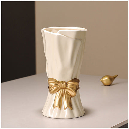 Green Elegant Ceramic Vase with Golden Bow Accent - Textured Relief Flower Holder for Living Room & Dining Table Decor.