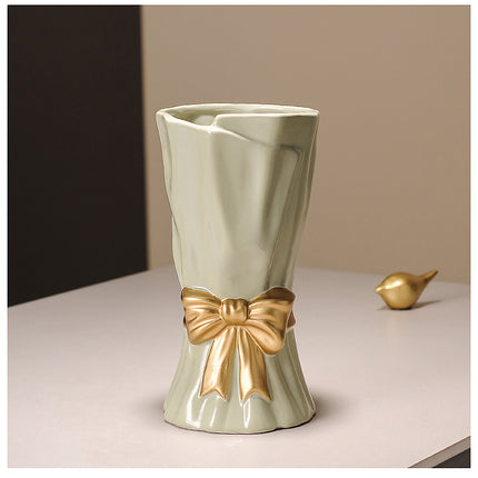 Green Elegant Ceramic Vase with Golden Bow Accent - Textured Relief Flower Holder for Living Room & Dining Table Decor.