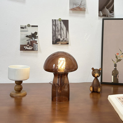 Brown Charming Retro Glass Mushroom Table Lamp - Vintage Nordic Style Bedside Light.