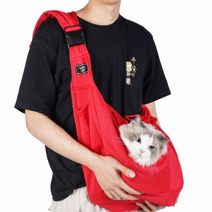 Red Breathable Pet Sling Carrier for Small Dogs & Cats - Adjustable Hands-Free Travel Pouch with Safety Leash & Pocket.