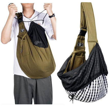 Black Breathable Pet Sling Carrier for Small Dogs & Cats - Adjustable Hands-Free Travel Pouch with Safety Leash & Pocket.