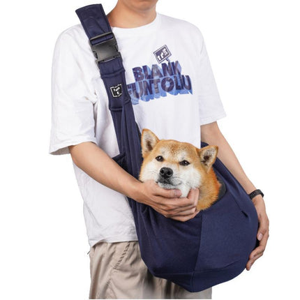 Dark Blue Breathable Pet Sling Carrier for Small Dogs & Cats - Adjustable Hands-Free Travel Pouch with Safety Leash & Pocket.