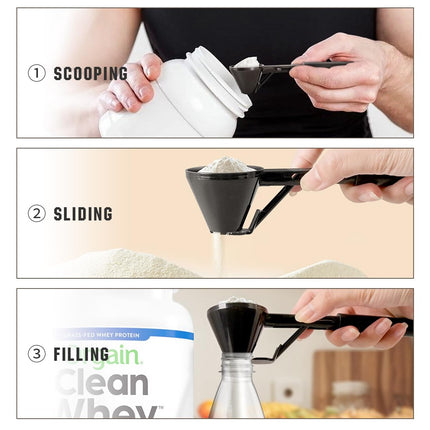 Black 2-Pack No-Spill Sliding Scoop & Funnel - Mess-Free for Protein Powder, Coffee, Formula.
