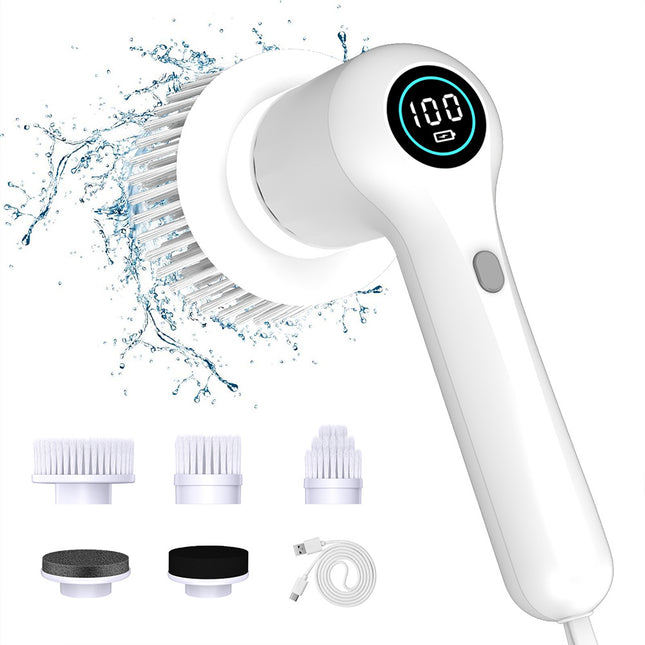 White Rechargeable Electric Spin Scrubber - Waterproof Power Cleaning Brush with 5 Heads & Digital Display for Bathroom, Kitchen & More.
