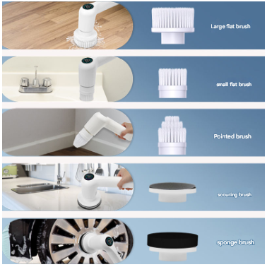 White Rechargeable Electric Spin Scrubber - Waterproof Power Cleaning Brush with 5 Heads & Digital Display for Bathroom, Kitchen & More.