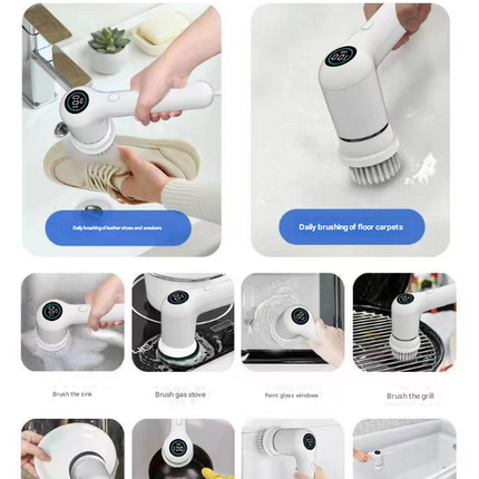 White Rechargeable Electric Spin Scrubber - Waterproof Power Cleaning Brush with 5 Heads & Digital Display for Bathroom, Kitchen & More.