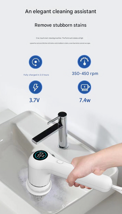 White Rechargeable Electric Spin Scrubber - Waterproof Power Cleaning Brush with 5 Heads & Digital Display for Bathroom, Kitchen & More.