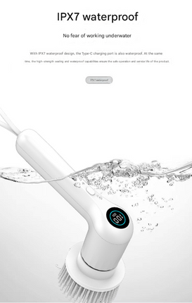 White Rechargeable Electric Spin Scrubber - Waterproof Power Cleaning Brush with 5 Heads & Digital Display for Bathroom, Kitchen & More.