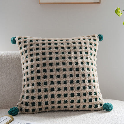 Beige and Green 3D Checkered Cushion Cover with Pom Poms - Soft Decorative Pillow Case for Sofa & Living Room (45x45cm, Cover Only).