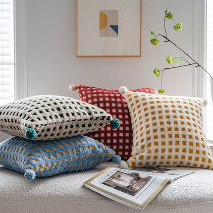 Beige and Yellow 3D Checkered Cushion Cover with Pom Poms - Soft Decorative Pillow Case for Sofa & Living Room (45x45cm, Cover Only).