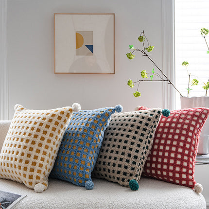Beige and Yellow 3D Checkered Cushion Cover with Pom Poms - Soft Decorative Pillow Case for Sofa & Living Room (45x45cm, Cover Only).
