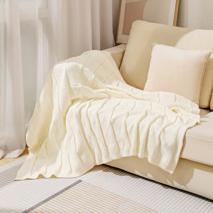 Beige Cozy Lightweight Acrylic Knit Throw Blanket - Diamond Waffle Texture for Sofa, Bed & Travel.