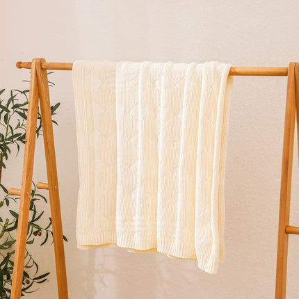 Beige Cozy Lightweight Acrylic Knit Throw Blanket - Diamond Waffle Texture for Sofa, Bed & Travel.
