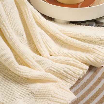 Beige Cozy Lightweight Acrylic Knit Throw Blanket - Diamond Waffle Texture for Sofa, Bed & Travel.
