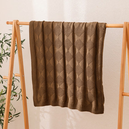 Brown Cozy Lightweight Acrylic Knit Throw Blanket - Diamond Waffle Texture for Sofa, Bed & Travel.