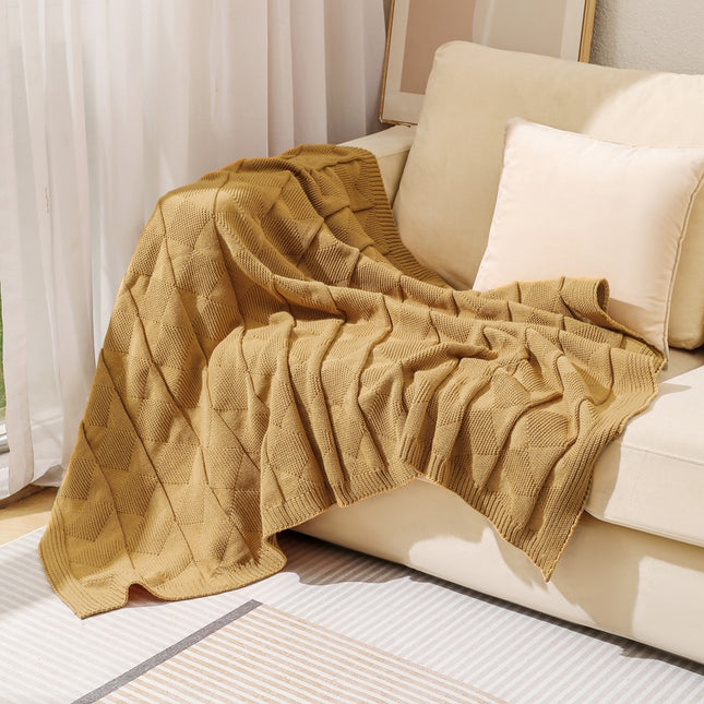 Khaki Cozy Lightweight Acrylic Knit Throw Blanket - Diamond Waffle Texture for Sofa, Bed & Travel.