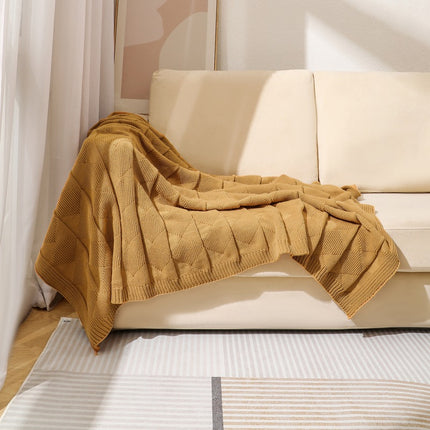 Khaki Cozy Lightweight Acrylic Knit Throw Blanket - Diamond Waffle Texture for Sofa, Bed & Travel.