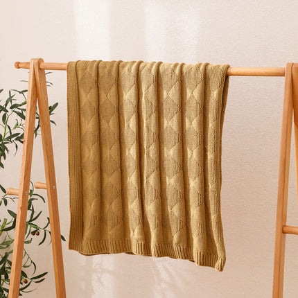 Khaki Cozy Lightweight Acrylic Knit Throw Blanket - Diamond Waffle Texture for Sofa, Bed & Travel.