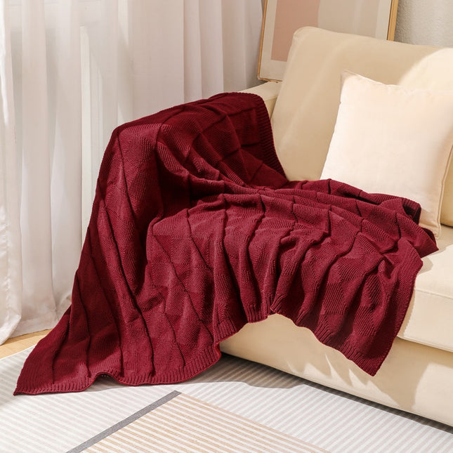 Claret Red Cozy Lightweight Acrylic Knit Throw Blanket - Diamond Waffle Texture for Sofa, Bed & Travel.