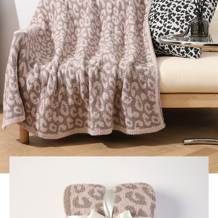 Beige and Khaki Luxurious Leopard Print Knit Throw Blanket - Ultra-Soft Jacquard Plush for Sofa, Bed & Cozy Comfort (130x150cm).