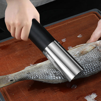 Black Cordless Electric Fish Scaler - Rechargeable 3000mAh Power, Stainless Steel Blade, Mess-Free Fish Cleaning Tool.