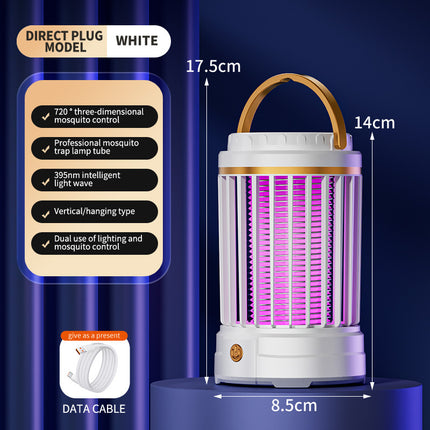 White Portable 3-in-1 Electric Mosquito Zapper Lamp - UV Bug Killer, Warm Night Light & Bright Lantern, USB Plug-in use.