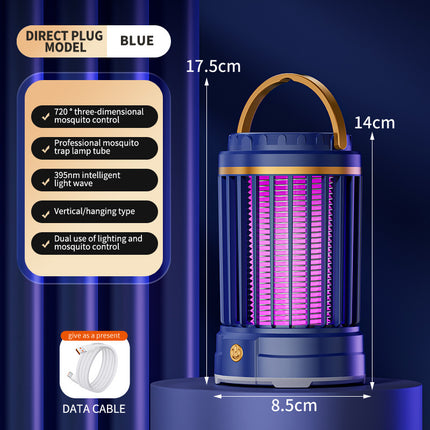Dark Blue Portable 3-in-1 Electric Mosquito Zapper Lamp - UV Bug Killer, Warm Night Light & Bright Lantern, USB Plug-in use.