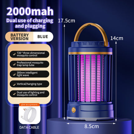 USB Rechargeable Dark Blue Portable 3-in-1 Electric Mosquito Zapper Lamp - UV Bug Killer, Warm Night Light & Bright Lantern.