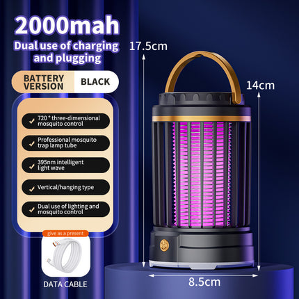 USB Rechargeable Black Portable 3-in-1 Electric Mosquito Zapper Lamp - UV Bug Killer, Warm Night Light & Bright Lantern.