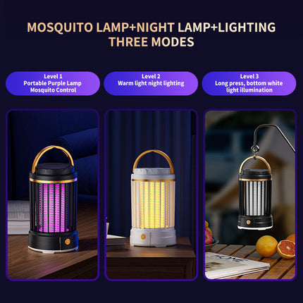 USB Rechargeable Black Portable 3-in-1 Electric Mosquito Zapper Lamp - UV Bug Killer, Warm Night Light & Bright Lantern.