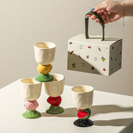 Pink Whimsical Strawberry Stem Ceramic Goblet - 150ml Hand-Painted Strawberry Design, Unique Coffee & Drinkware Gift with Box.
