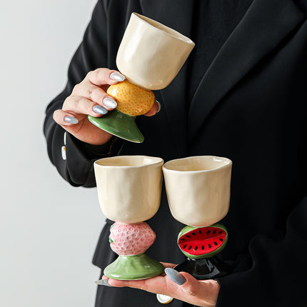 Pink Whimsical Strawberry Stem Ceramic Goblet - 150ml Hand-Painted Strawberry Design, Unique Coffee & Drinkware Gift with Box.