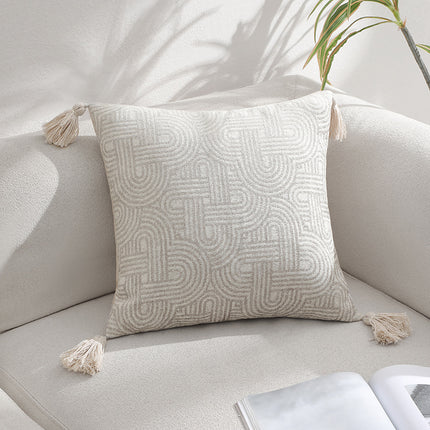 Beige Chic Geometric Jacquard Cushion Covers with Tassels - Set of 2, Plush Blend for Sofa & Bed Decor (45x45cm, Insert Not Included).