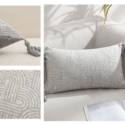 Beige Chic Geometric Jacquard Cushion Covers with Tassels - Set of 2, Plush Blend for Sofa & Bed Decor (45x45cm, Insert Not Included).