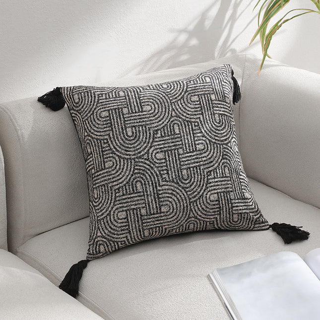 Black Chic Geometric Jacquard Cushion Covers with Tassels - Set of 2, Plush Blend for Sofa & Bed Decor (45x45cm, Insert Not Included).