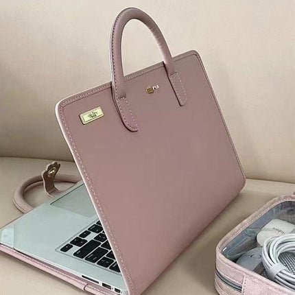 Chic Pink 14-Inch Laptop Handbag - PU Leather Sleeve with Carry Handles & Cooling Vents.