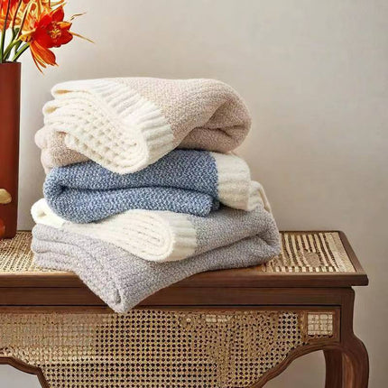 Blue and White Plush Chenille-Knit Throw Blanket - Soft Cozy Polyester for Bed & Sofa | Textured Two-Tone Design (127x153cm).