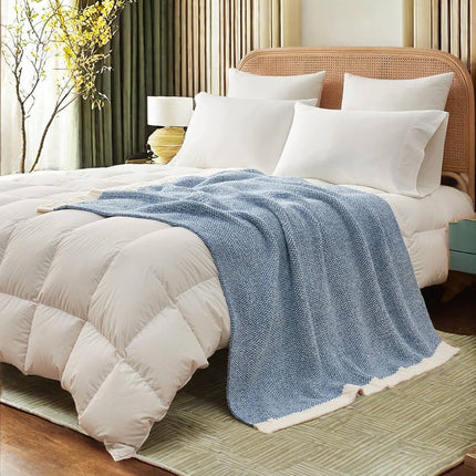 Blue and White Plush Chenille-Knit Throw Blanket - Soft Cozy Polyester for Bed & Sofa | Textured Two-Tone Design (127x153cm).